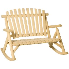 Outdoor Wooden Rocking Chair, Double-Person Rustic Adirondack Rocker with Slatted Seat, High Backrest, Armrests for Patio, Garden and Porch, Natural