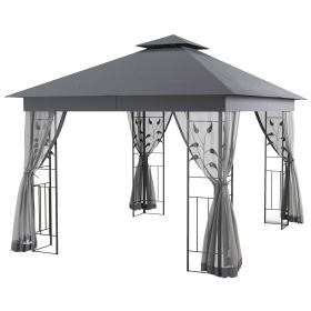 10' x 11.5'Â Metal Patio Gazebo, Double Roof Outdoor Gazebo Canopy Shelter w/Tree Motifs Corner Frame and Netting, Gray