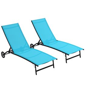 2 Piece Outdoor Chaise Lounge Chairs with Wheels, 5 Level Adjustable Backrest for Patio, Beach, Yard, Pool, Blue