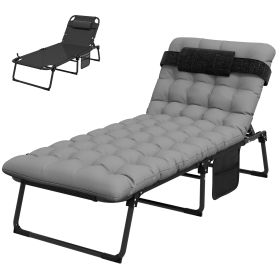 Outdoor Folding Chaise Lounge Chair with 4-Position Adjustable Backrest, Magazine Pocket, Removable Head Pillow, Gray