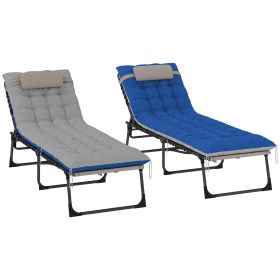 Outdoor Chaise Lounge Chair Set of 2, 5-Level Adjustable Folding Pool Lounge Chairs with Cushions, Brown/Blue