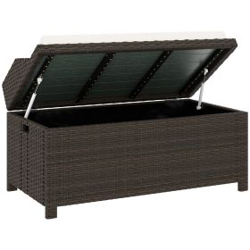 Outdoor Wicker Storage Bench with Storage & Cushion, Cream White