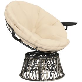 360Â° Swivel Outdoor Papasan Chair, 39" Overstuffed Circle Chair with Side Tray, Thick Cushion for Indoor Patio, Beige (Option: Beige-980x530x390 mm)