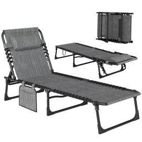 Chaise Lounge Chair Outdoor, 5-Position Adjustable Sun Tanning Chair with Carrying Handle and Side Pocket, Folding Bed Cot with Removable Pillow for (Option: Grey-760x140x610 mm)