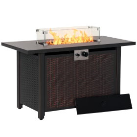 43 Inch Outdoor Propane Gas Fire Pit Table, 50,000 BTU Auto-Ignition Rectangular Wicker-effect Gas Firepit with Glass Wind Guard, Lid, Glass Beads, S (Option: Bronze-1185x640x270 mm)