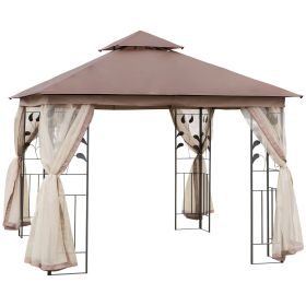 Â 10'Â xÂ 10'Â Metal Patio Gazebo, Double Roof Outdoor Gazebo Canopy Shelter with Tree Motifs Corner Frame and Netting, for Garden, Lawn, Backyard, an (Option: Black and Brown-1990x440x185 mm)