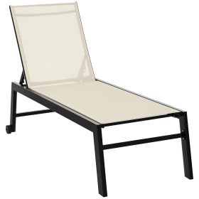 Outdoor Chaise Lounge with Wheels, Five Position Recliner for Sunbathing, Suntanning, Steel Frame, Breathable Fabric for Beach, Yard, Patio, Cream Wh (Option: Cream White-1690x670x100 mm)