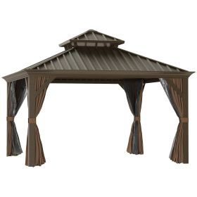 12' x 12' Hardtop Gazebo with Curtains and Netting, Permanent Pavilion Metal Double Roof Gazebo Canopy with Aluminum Frame and Hooks, for Garden, Pat (Option: Coffee-1665x1000x95 mm)