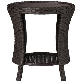 18" Wicker Outdoor Coffee Table, PE Rattan Patio Side Table with 2-Tier Storage, Composite Wood Top, Mixed Brown (Option: Mixed Brown-490x500x180 mm)