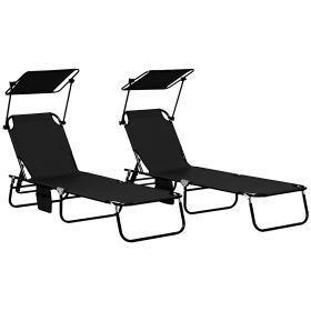 Folding Chaise Lounge Pool Lounge Chairs Set of 2, Outdoor Sun Tanning Chairs with Canopy Shade, Reclining Back, Steel Frame and Side Pocket for Beac (Option: Black-800x250x580 mm)