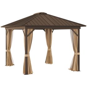 10' x 12' Hardtop Gazebo with Curtains and Netting, Permanent Pavilion Metal Single Roof Gazebo Canopy with Aluminum Frame and Hooks, for Garden, Pat (Option: Brown-2230x380x280 mm)