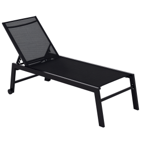 Outdoor Chaise Lounge with Wheels, Five Position Recliner for Sunbathing, Suntanning, Steel Frame, Breathable Fabric for Beach, Yard, Patio, Black (Option: Black-1690x670x100 mm)