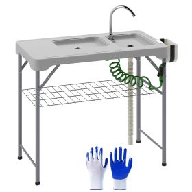 Folding Fish Cleaning Table with Sinks, Portable Camping Sink Table with Faucet, Drainage Hose, Sprayer, Shelf, Drawer and Storage Basket, Outdoor Fi (Option: Gray-1130x620x95 mm)