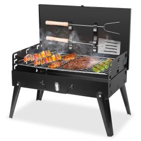 1Pc 16.7x10x17.7in Portable Charcoal Grill Foldable BBQ Suitcase Grill Shelf For Outdoor Camping Picnics Garden Grilling Fedex Shipping (Color: Black)