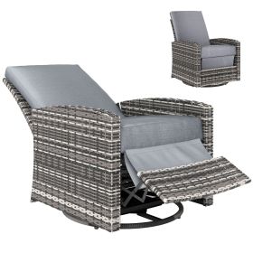 Outdoor Wicker Swivel Recliner Chair, Reclining Backrest, Lifting Footrest, 360Â° Rotating Basic, Water Resistant Cushions for Patio, Gray (Option: grey-760x740x640 mm)
